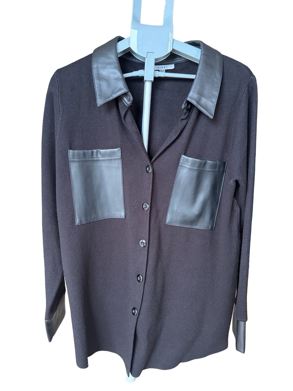 Sioni Black Button-Front Sweater with Faux Leather Trim